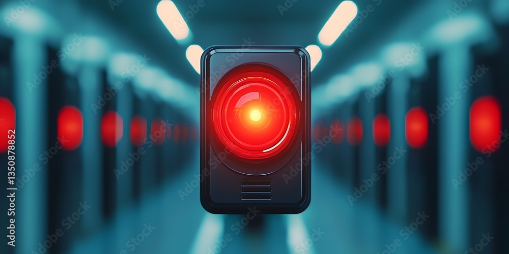 Poster a futuristic red-eyed device stands out in a corridor of similar devices, creating a striking visual