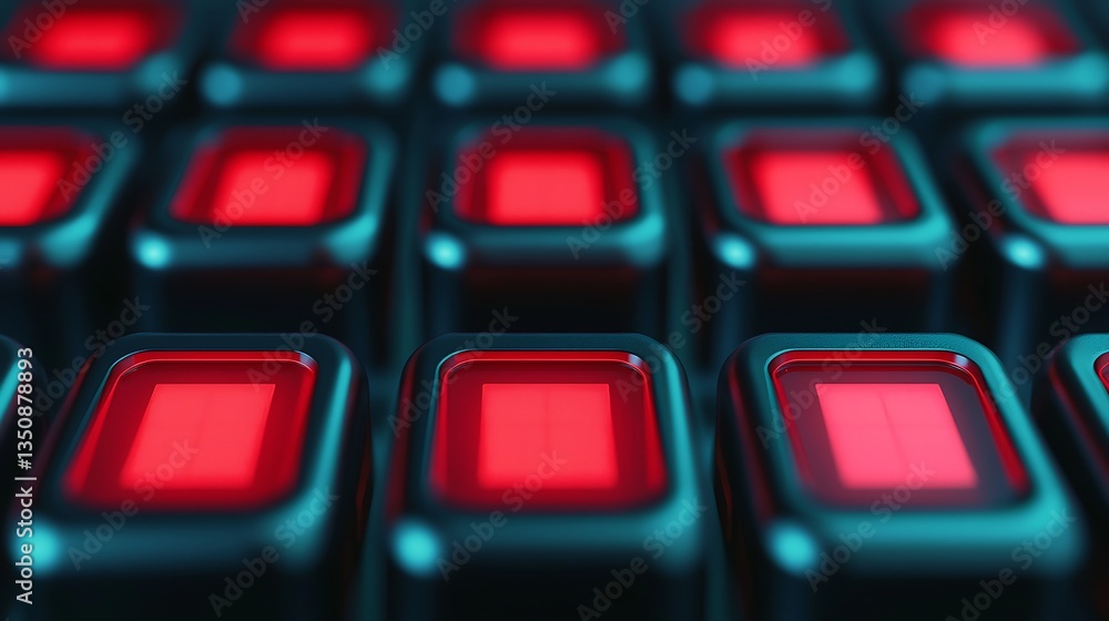 Poster close-up of black keyboard keys with illuminated red squares, showcasing a modern design and technol