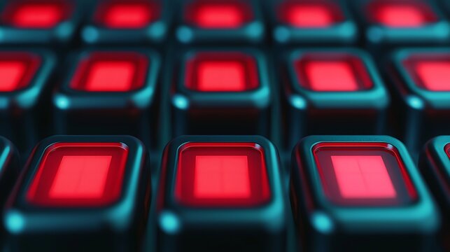 Close-up of black keyboard keys with illuminated red squares, showcasing a modern design and technology aesthetic.