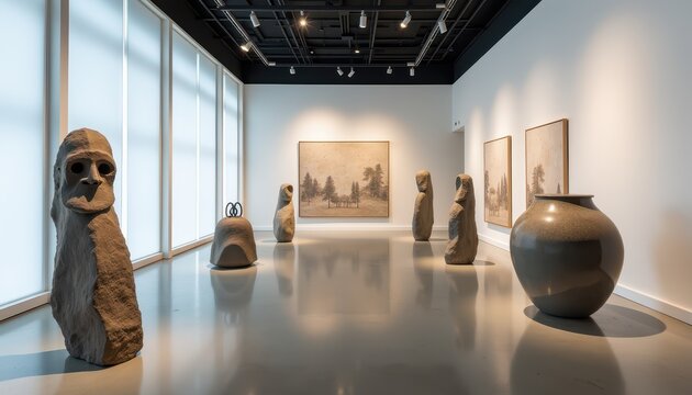 A museum gallery showcases elegantly framed landscape paintings and abstract stone sculptures under warm lighting, emphasizing the celebration of art and cultural heritage on International Museum Day