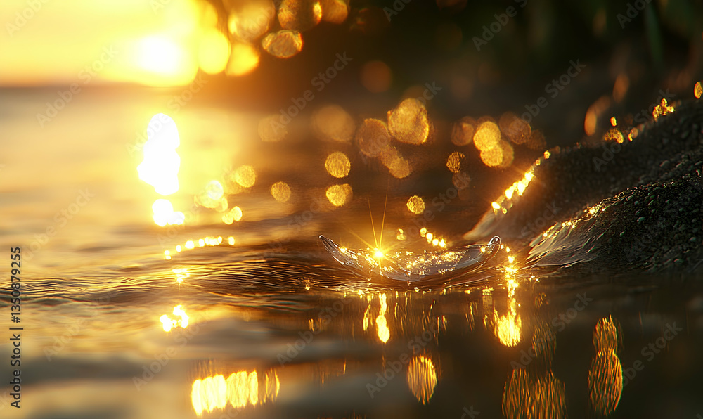 Poster golden sunset reflecting on water, creating shimmering bokeh and a sparkling wave. captures serene b