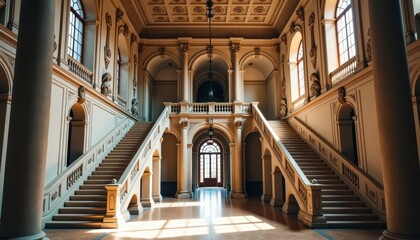 Fototapeta premium A grand staircase in a classical museum adorned with statues, intricate details, and large windows, celebrating the elegance, history, and cultural heritage on International Museum Day