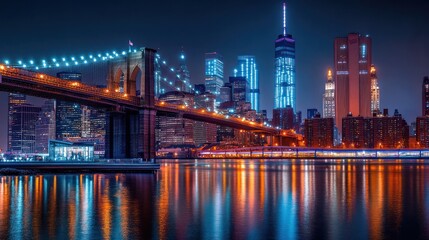 Night view of Brooklyn Bridge, Manhattan skyline, illuminated city reflection