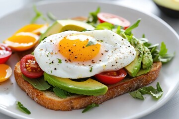 Delicious Avocado Toast with Poached Egg and Fresh Vegetables on Rustic Bread
