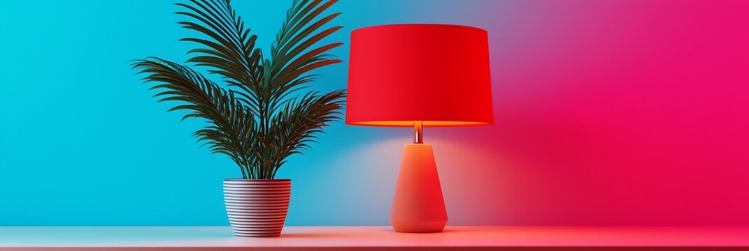 A modern decor scene featuring a stylish red lamp and a potted plant against a vibrant blue and pink background.
