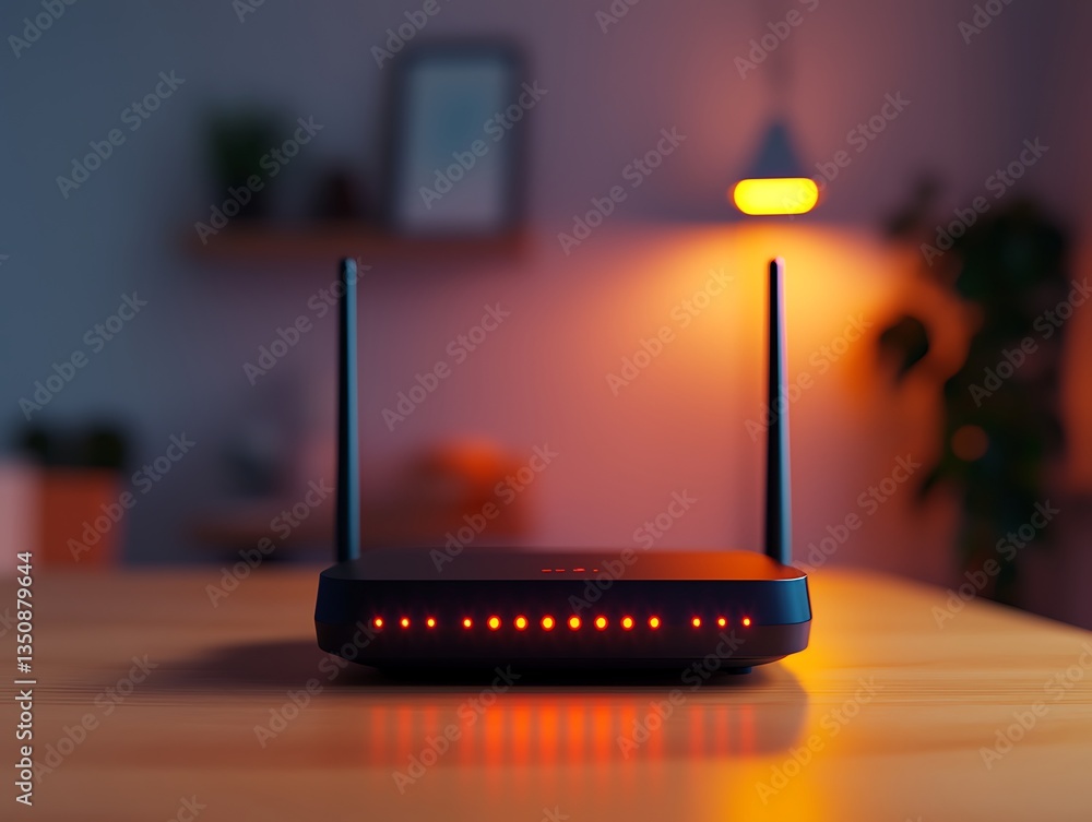 Poster a modern router with glowing indicators is placed on a wooden surface, illuminated by warm ambient l