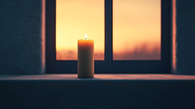 A serene candle illuminated on a windowsill, casting a warm glow against the backdrop of a vibrant sunset.