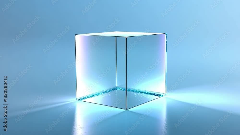 Poster illuminated cube: a minimalist depiction of a luminous glass cube, radiating an ethereal glow agains