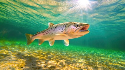 Naklejka premium Vibrant Underwater Shot of Rainbow Trout in Clear Sunlit Waters