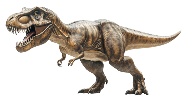 fierce T Rex dinosaur with powerful stance and open mouth, showcasing its sharp teeth and textured skin. dinosaur robust body and long tail are highlighted against transparency background