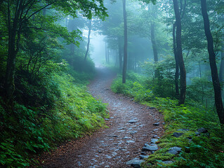Fototapeta premium A peaceful forest path winding through lush greenery, enveloped in soft mist, inviting exploration and tranquility.