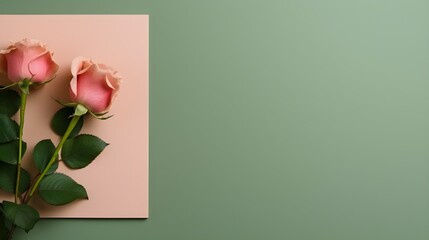 Fototapeta premium Elegant Pink Roses on Peach and Sage Green Background Floral Flat Lay Photography