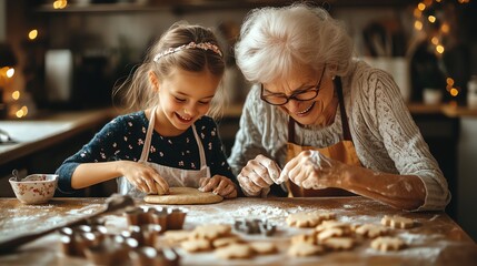 Grandma and Granddaughter Baking Cookies Illustration