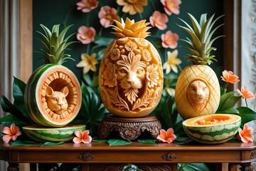 Exotic Fruit Carvings of Animal Faces on Wooden Table