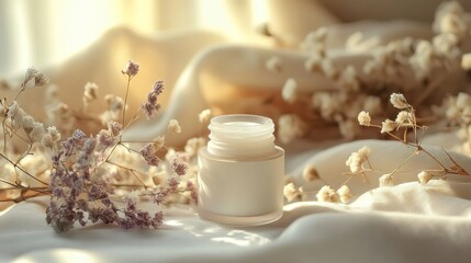 Luxurious Skincare Cream Jar with Dried Flowers Soft Light Beige Fabric