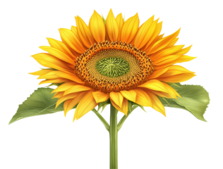 vibrant sunflower with bright yellow petals and detailed green center stands against plain background, showcasing its natural beauty and intricate design
