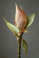 A close up view of a unique flower and leaves