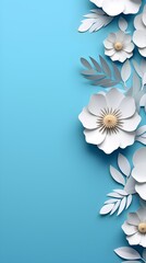 Elegant White Paper Flowers and Leaves on Blue Background Floral Design Paper Craft