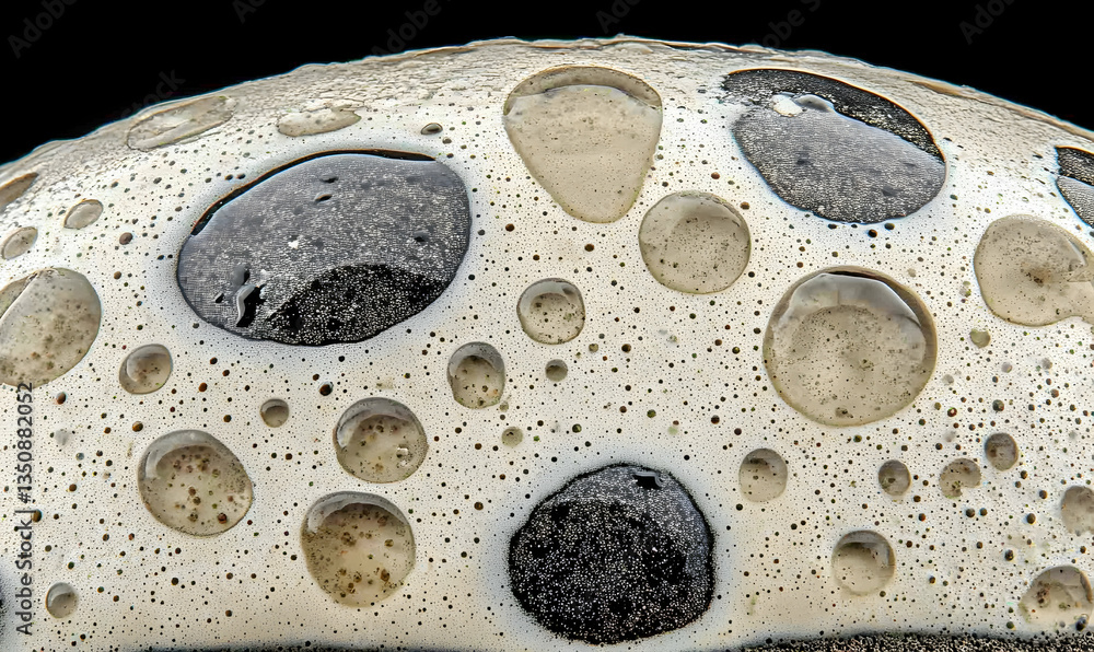 Poster abstract close-up of beer foam with dark bubbles, showcasing intricate texture and patterns. perfect