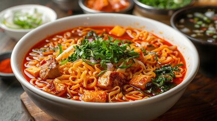 Nepali thukpa noodle soup white bowl garnished with vegetables and herbs full food visible on white