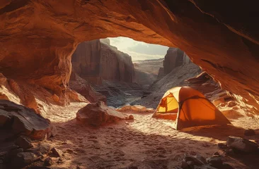 Selbstklebende Fototapeten Canyon sunrise campsite  tent in cave  desert landscape © nur