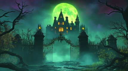 A spooky gothic castle under the pale eerie night sky