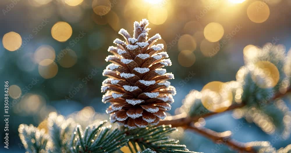 Poster blurred backdrop of a snow-laden pine cone shining in sunlight with frosty tips on an evergreen bran