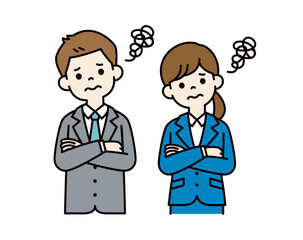 腕を組んで困っている、男女の会社員のシンプルなベクターイラスト素材＿カラー
