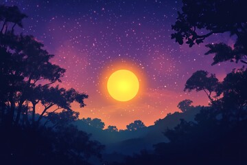 Fototapeta premium A beautiful glowing sun setting over dark forested silhouettes in the evening