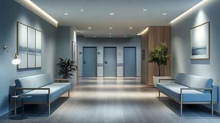 A modern hospital waiting room with light blue accents, doors leading to rooms in the background, a wooden floor, 