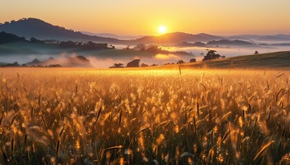Golden Sunrise Over Misty Fields And Rolling Green Hills