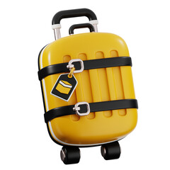Fototapeta premium 3D Yellow wheeled Hajj luggage with black straps and a tag. Perfect for travel, vacation, tourism, baggage, and adventure themes for marketing.