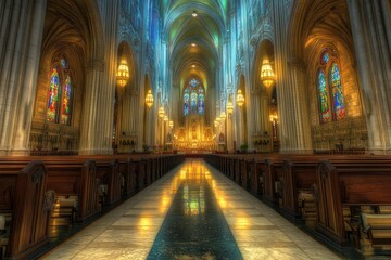 Fototapeta premium Cathedral interior, sunlight, aisle, stained glass, peaceful worship