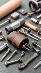 Assorted tools and hardware on a dark surface