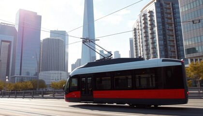 Modern Tram in Cityscape: Urban Transportation and Architecture