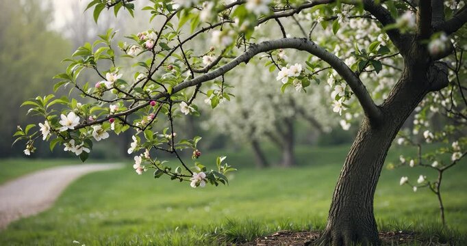 A budding branch of apple tree during springtime