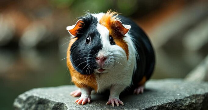 A tri-colored guinea pig with black, brown, and white fur perched on a stone surface and looking straight at the camera.