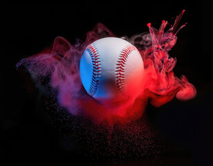 White baseball ball in multi colored red smoke from a vape on a black isolated background. Baseball balls flying in water drops and splashes isolated on a black background