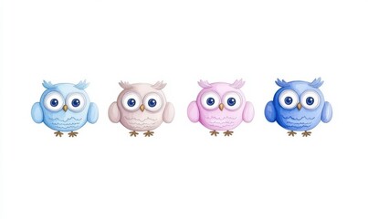 Adorable Collection of Colorful Cartoon Owls in Soft Pastel Shades Perfect for Children's Artwork or Educational Materials