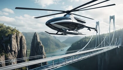 Futuristic Helicopter Soaring Over Majestic Fjord Bridge