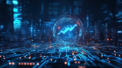 Futuristic city skyline with holographic graph, showing growth. Possible use Stock photo for technology, business, or innovation concepts