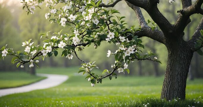 A flowering branch of apple tree during spring.
