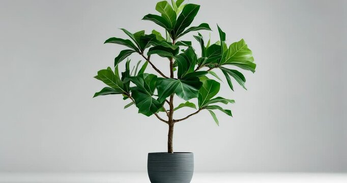 Artificial fiddle leaf fig or ficus lyrata in a pot set against a white background.