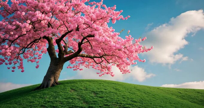 A blooming cherry tree on the horizon. A flowering cherry tree in a green meadow. An aged tree with a unique trunk featuring pink blossoms in spring.