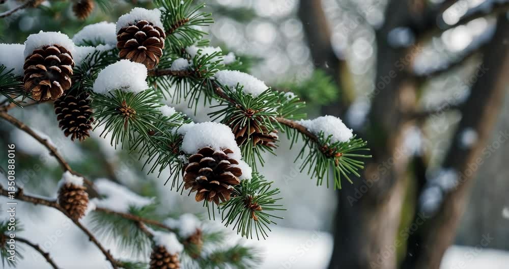 Poster a tree adorned with snow and pine cones. the pine cones are blanketed in snow while the branches are