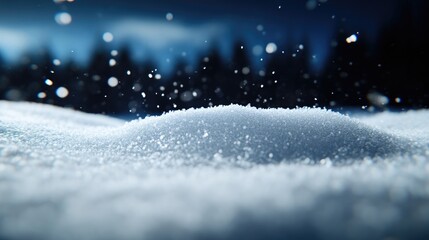 Fototapeta premium Fresh snowfall at night. Close-up view of snowdrifts