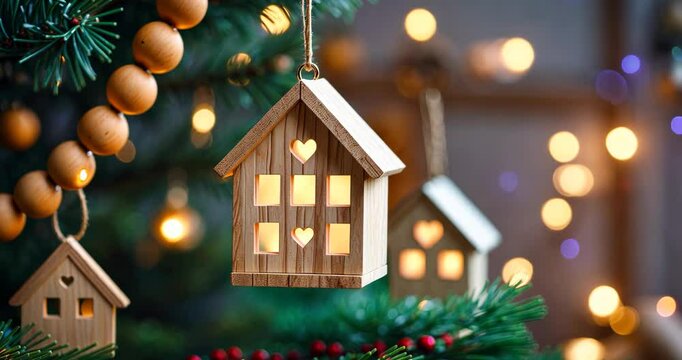 A beautifully adorned Christmas tree displays wooden house ornaments and gentle lights. The setting conveys a warm holiday ambiance, ideal for family get-togethers and festivities.
