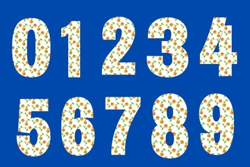 set of numbers, floral numbers on blue background 