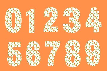 Set of floral numbers on orange background 