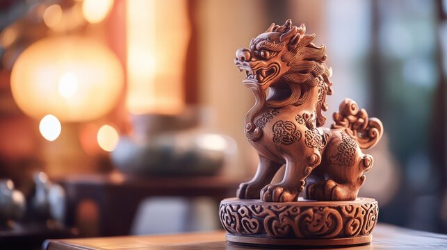 Chinese Foo Dog statue on table, warm interior background